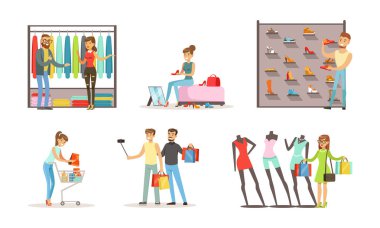 İnsanlar Giyim Mağazasından Giysi Alıyor ya da Butik Seti, Giysi ve Ayakkabı Çizme Vektörü İllüzyonu Deniyor ve Seçiyor