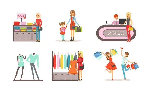 Les gens qui achètent des vêtements dans le centre commercial Set, Femmes, Hommes et Enfants Choisir des vêtements Illustration vectorielle de bande dessinée — Image vectorielle