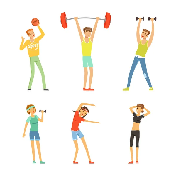 Jóvenes Personajes Deporte y Ejercicio Físico Entrenamiento Corporal y Muscular en Gimnasio Set de Vectores — Vector de stock