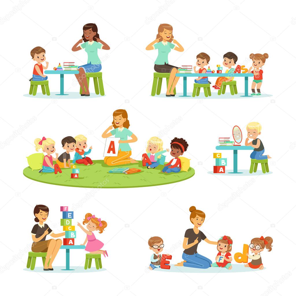 Children Learning Alphabet and Playing in Nursery School with Teacher Sitting at Table and on the Floor Vector Set