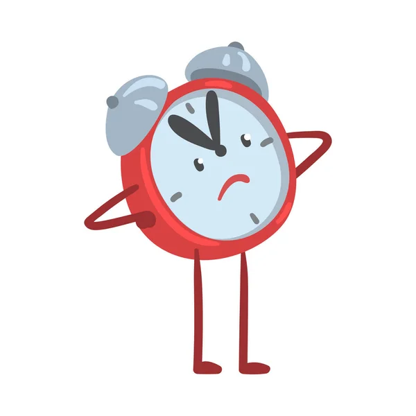 Carácter rojo del reloj despertador frunciendo el ceño con los brazos en las caderas Vector Ilustración — Vector de stock