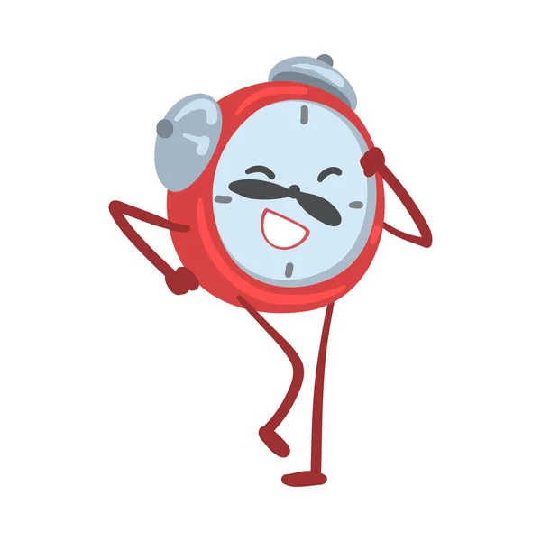 Red Happy Alarm Relógio Personagem Dançando Ilustração Vetor — Vetor de Stock