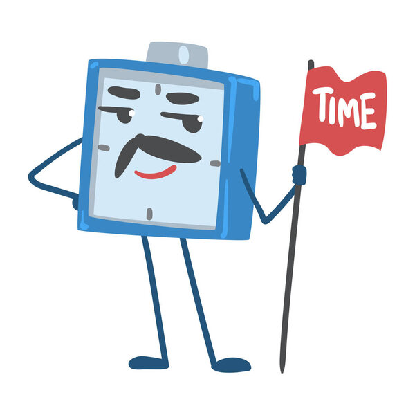 Blue Alarm Clock Character Holding Pole with Flag Vector Illustration