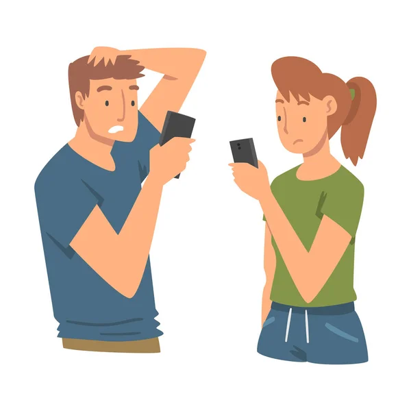 Droevige Man en vrouw met Smartphone gevoel Negatieve Emotie Lijden door pesten in Social Media Vector Illustratie — Stockvector