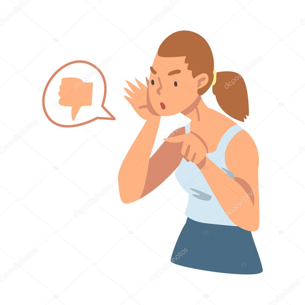 Young Angry Woman Character Expressing Discontent in Social Media with Thumb Down Vector Illustration
