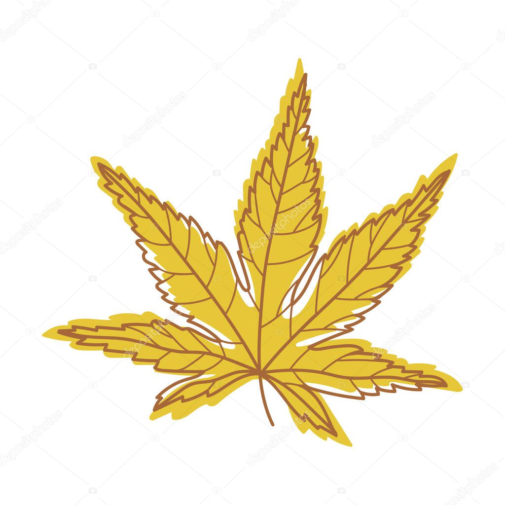 Yellow Autumn Leaf with Veins as Seasonal Foliage on Stem Vector Illustration