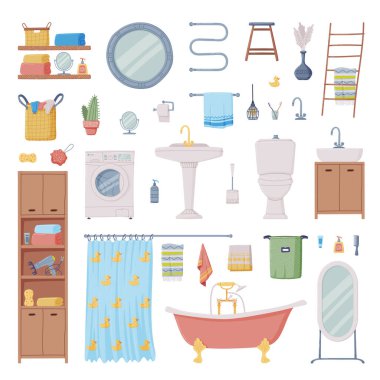 Banyo ya da Banyo küveti, Yıkama Havzası ve Kişisel Hijyen Vektörü Seti Nesneleri ile Ayna