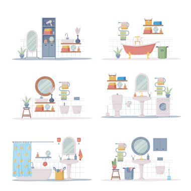Banyo ya da Banyo İçi Küvet, Yıkama Havzası ve Kişisel Hijyen Vektörü Seti Nesneleri ile Ayna