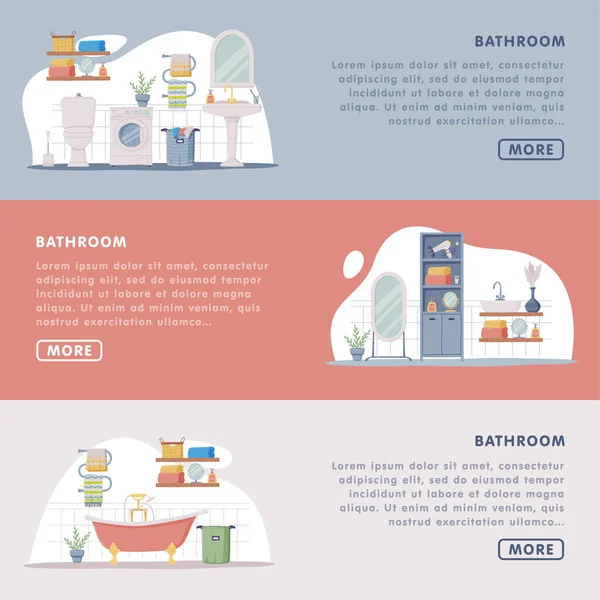 Página de aterrizaje con baño o aseo interior que contiene taza de inodoro, bañera y plantilla de vectores de gabinete — Vector de stock