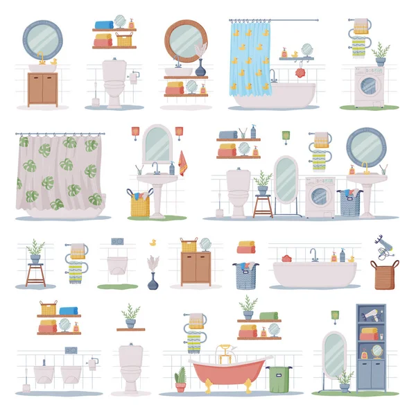Banyo ya da Banyo İçi Küvet, Yıkama Havzası ve Kişisel Hijyen Vektörü Seti Nesneleri ile Ayna