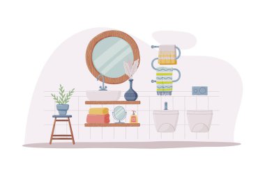 Lavabo ya da Tuvalet İçi Lavabo, Ayna ve Bidet Vektör İllüstrasyonlu