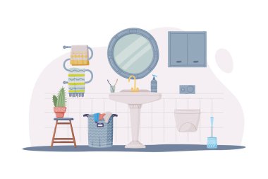Lavabo ya da Tuvalet İçi Lavabo, Ayna ve Çamaşır Sepeti Vektörü İllüstrasyonlu