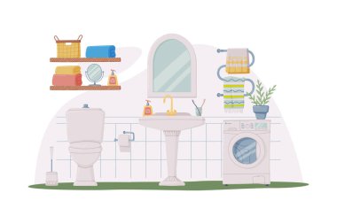 Lavabo veya Tuvalet İçi Lavabo, Çamaşır Makinesi ve Tuvalet Kasesi İllüstrasyonlu