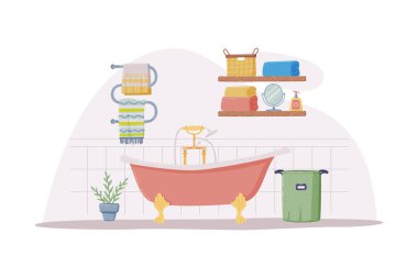 Banyo ya da Banyo İçi Küvet, Havlu Demiri ve Çamaşır Sepeti Vektörü İllüstrasyonu