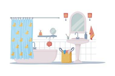 Banyo ya da Banyo İçi Küvet, Lavabo ve Ayna Vektörü İllüstrasyonlu