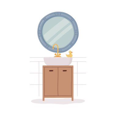 Banyo ya da Tuvalet İçi Aynalı ve Musluk Vektörü İllüstrasyonlu Lavabo