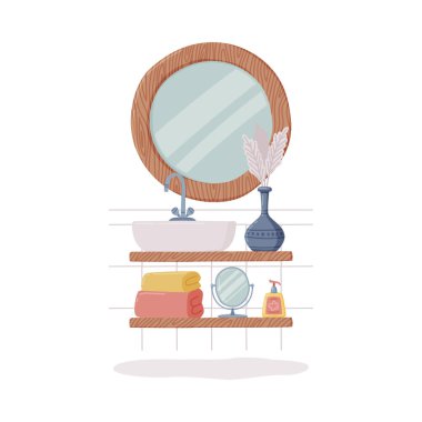 Banyo ya da Tuvalet İçi Aynalı ve Musluk Vektörü İllüstrasyonlu Lavabo