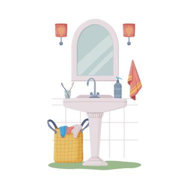 Lavabo ya da Tuvalet İçi Lavabo, Ayna ve Çamaşır Sepeti Vektörü İllüstrasyonlu