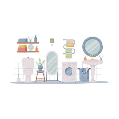 Banyo ya da Tuvalet İçi Tuvalet, Çamaşır Makinesi ve Lavabo Vektörü İllüstrasyonlu