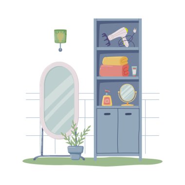 Banyo ya da Tuvalet İçi Ayna ve Kabine Vektörü İllüstrasyonlu