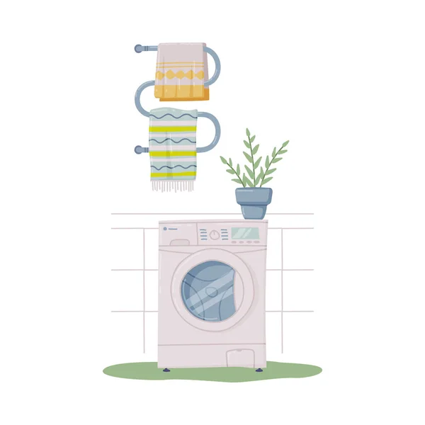 Bathroom or Washroom Interior with Washing Machine and Towel Rail Vector Illustration — Stock Vector
