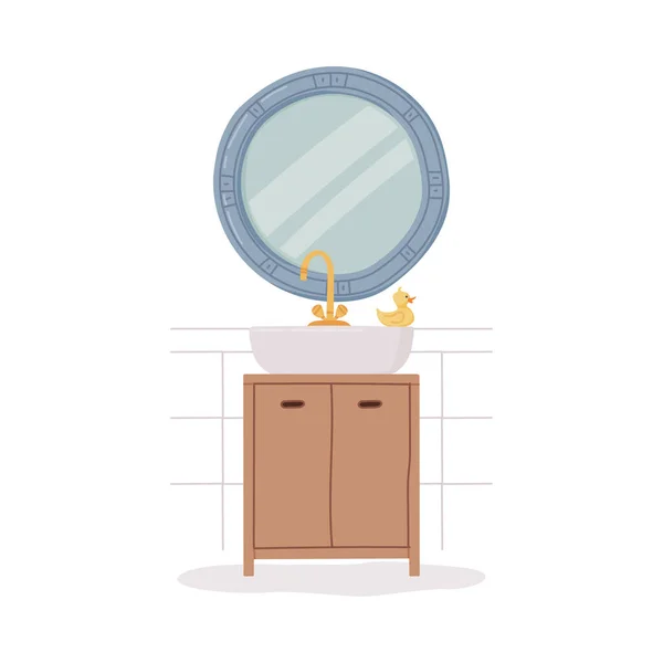 Wnętrze łazienki lub łazienki z lustrem i zlewem z kranem Ilustracja wektora — Wektor stockowy