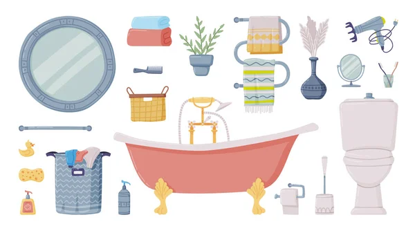 Bagno o toilette con vasca da bagno, cesto della biancheria e specchio con oggetti per l'igiene personale Vector Set — Vettoriale Stock