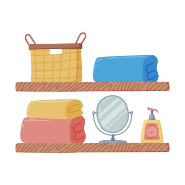 Banyo Duvarı Hijyenik Aksesuarlar ve Katlanmış Havlu Vektörü İllüstrasyonuyla Bağlı Rafa