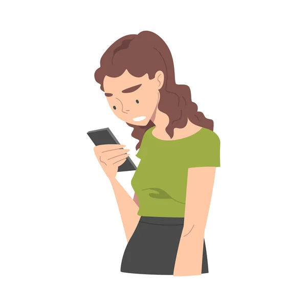 Disappointed with Bad News Woman Character Reading Message on Smartphone Vector Illustration — Stock Vector