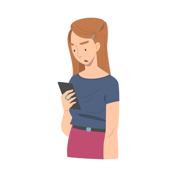 Decepcionado con malas noticias Mujer personaje lectura mensaje en Smartphone Vector Ilustración — Vector de stock