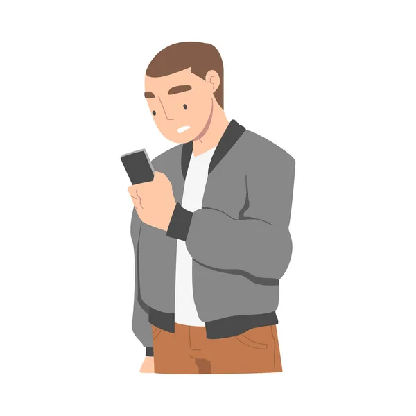 Disappointed with Bad News Man Character Reading Message on Smartphone Vector Illustration — Stock Vector