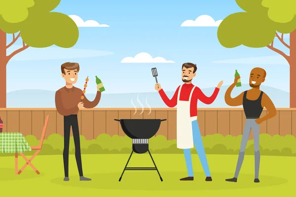 Man On BBQ Picnic Eating Outdoors and Cooking Grilled Meat On Barbecue Grill Vector Illustration — Stock Vector