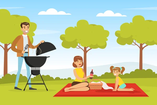 Family on BBQ Picnic Eating Outdoors and Cooking Grilled Meat on Barbecue Grill Vector Illustration — Stock Vector