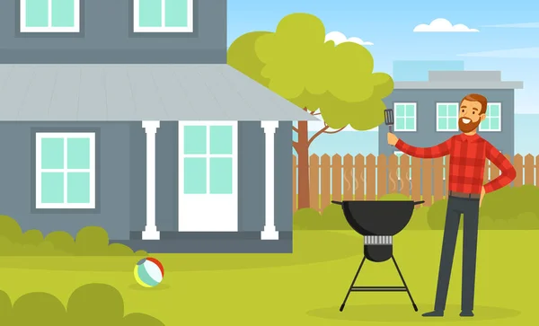 Bearded Man On BBQ Picnic Eating Outdoors and Cooking Grilled Meat On Barbecue Grill Vector Illustration — Stock Vector