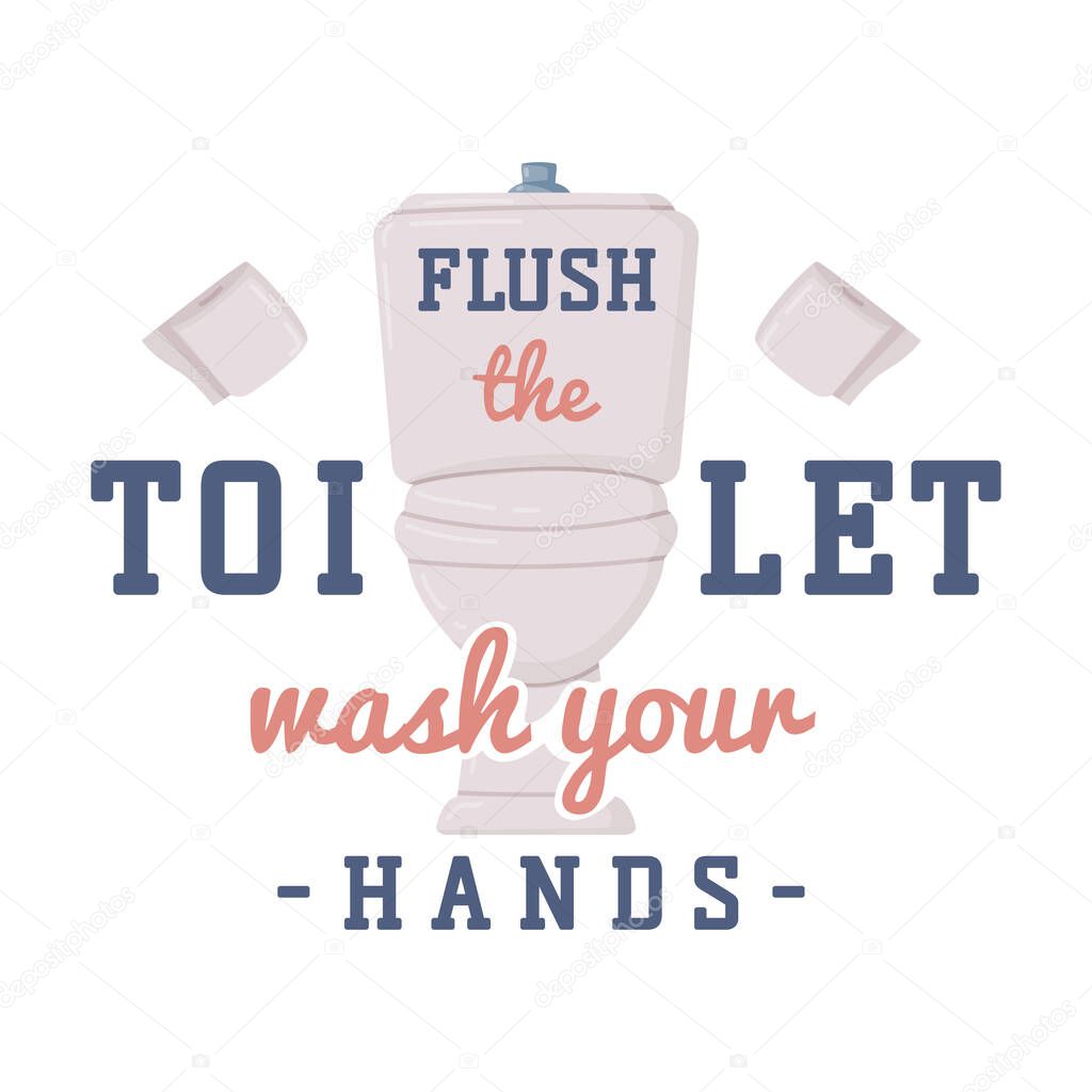 Bathroom Lettering with Washing Inscription and Toilet Bowl Vector Illustration