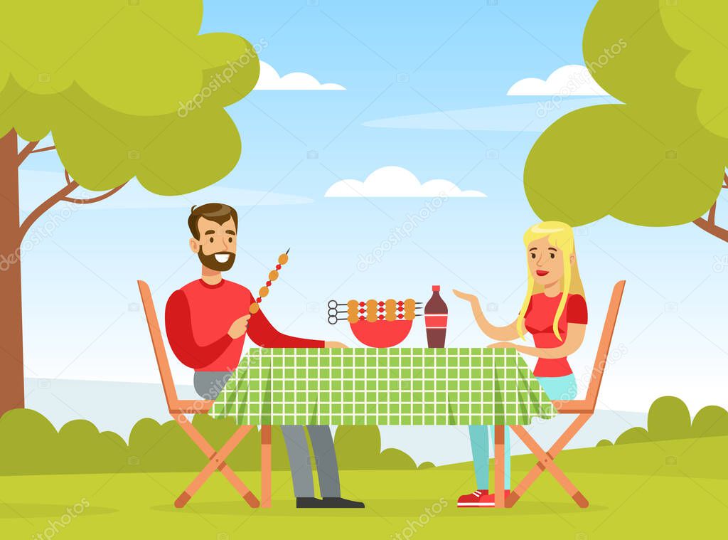 Romantic Couple Having BBQ Picnic Sitting at Table Eating Shashlik Vector Illustration