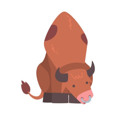 Boynuzları ve Yüzüğü Burnunda Kahverengi Benekli Boğa Eğilmiş Baş Vektörü İllüzyonuyla Duruyor