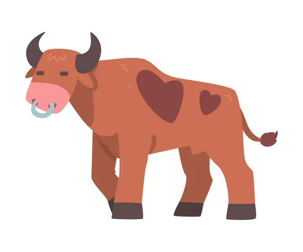 站在猪圈中带有角和环的褐色斑点公牛 — 图库矢量图片