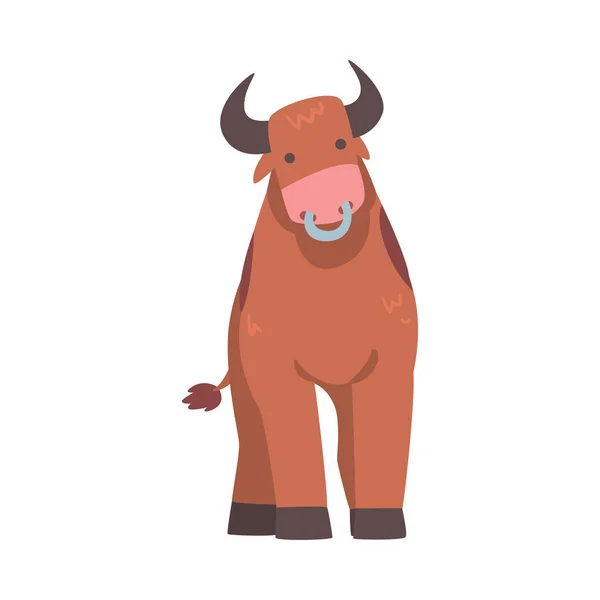 Toro manchado marrón con cuernos y anillo en la nariz en posición de pie Vector Ilustración — Archivo Imágenes Vectoriales