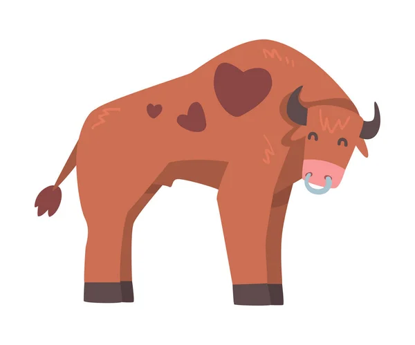 Toro manchado marrón con cuernos y anillo en la nariz en posición de pie Vector Ilustración — Archivo Imágenes Vectoriales