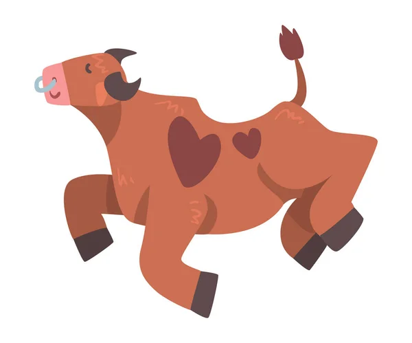 Brown Spotted Bull with Horns and Ring in the Nose Jumping with Joy Vector Illustration — Stock Vector