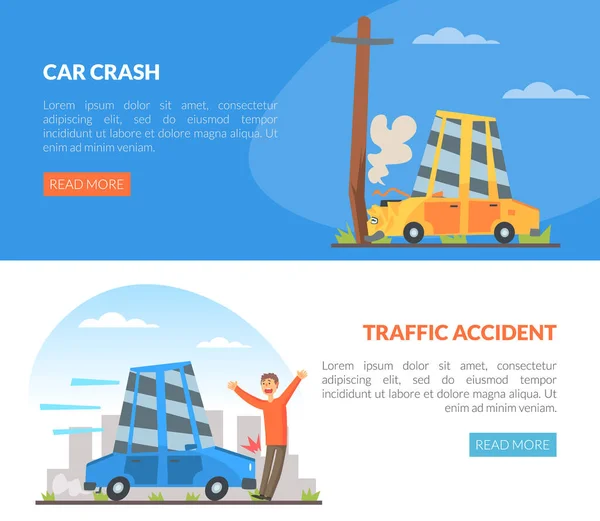 Accidente de coche con vehículo de motor colisionando con peatonal y poste Vector ilustración — Archivo Imágenes Vectoriales