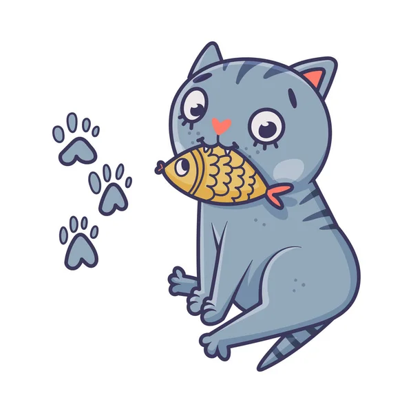 Divertente gatto blu con coda a strisce seduto con il pesce nella sua illustrazione vettoriale bocca — Vettoriale Stock