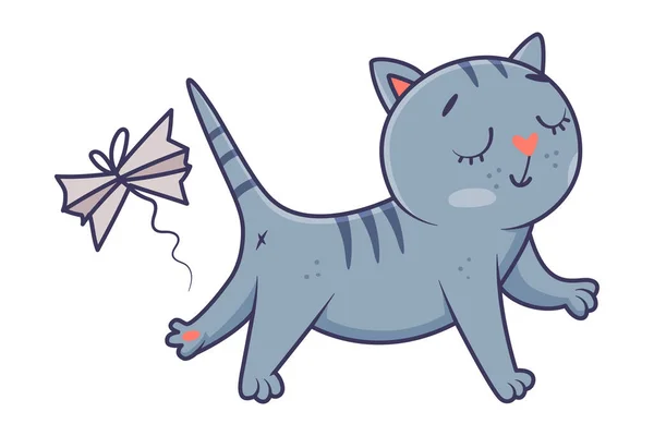 Divertente gatto blu con coda a strisce che gioca vettoriale illustrazione — Vettoriale Stock