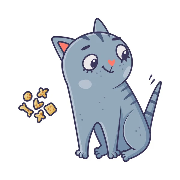 Divertente gatto blu con coda a strisce che sogna l'illustrazione vettoriale del mangime secco — Vettoriale Stock