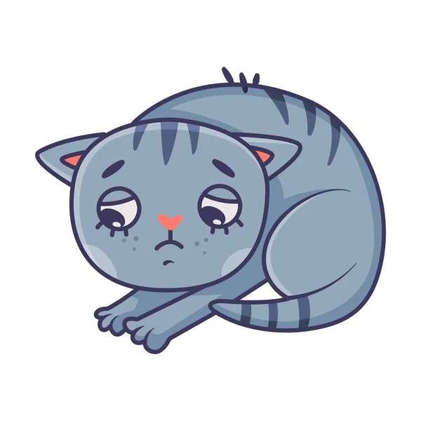 Divertente gatto blu con coda a strisce avendo sguardo colpevole flessione testa vettoriale illustrazione — Vettoriale Stock