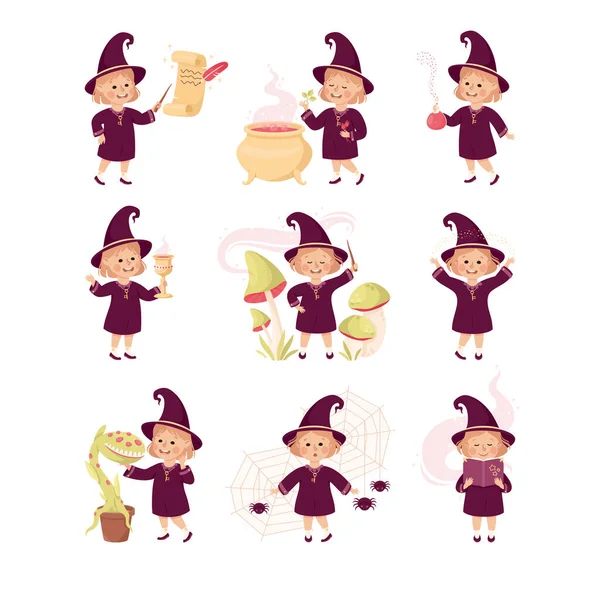 Little Girl Witch Wearing Purple Dress and Pointed Hat Practising Witchcraft and Doing Magic Vector Set — Stock Vector