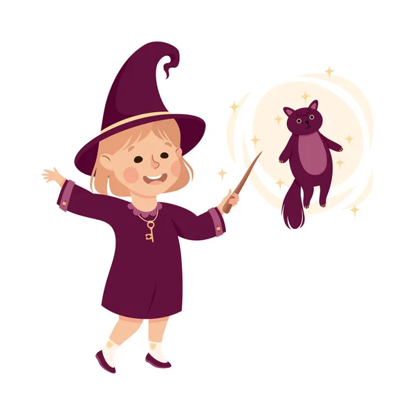 Little Girl Witch Wearing Purple Dress and Pointed Hat Practising Witchcraft and Doing Magic with Magic Wand Vector Illustration — Illustration Little Girl Witch Wearing Purple Dress and Pointed Hat Practising Witchcraft and Doing Magic with Magic Wand Vector Illustration — Stock Vector