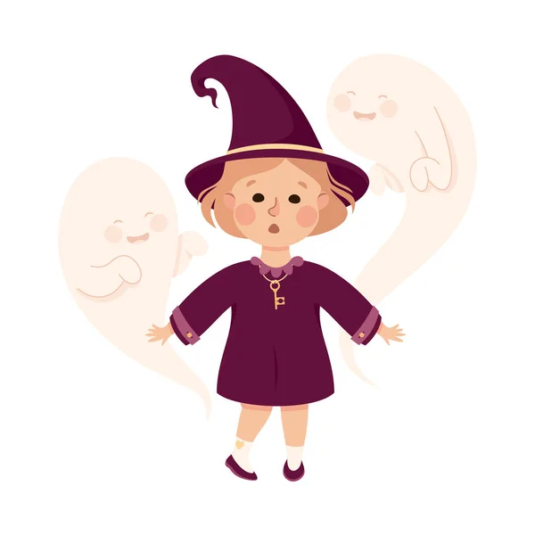 Little Girl Witch Wearing Purple Dress and Pointed Hat Standing with Ghost Practising Witchcraft and Doing Magic Vector Illustration — Stock Vector