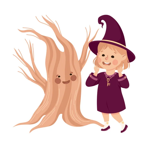 Little Girl Witch Wearing Purple Dress and Pointed Hat Standing Near Talking Tree Vector Illustration — Stock Vector